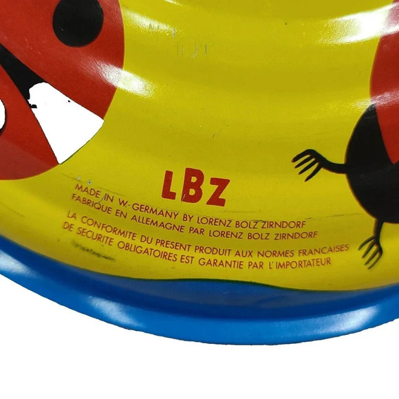 Vintage Lorenz Bolz Zirndorf Tin Spinning Top Ladybugs Yellow Red Blue Germany - Picture 6 of 7